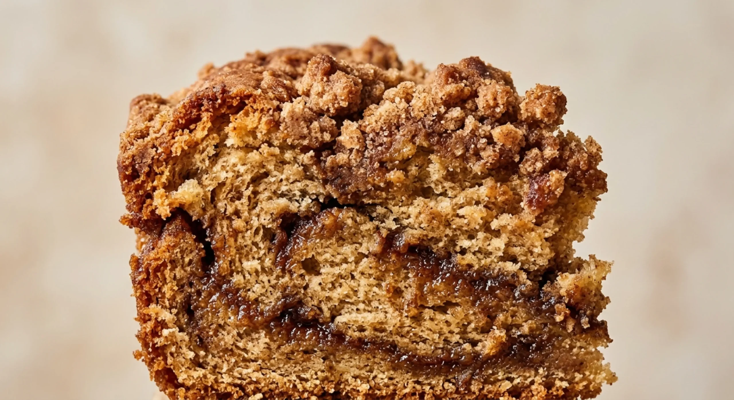 Slice of cinnamon coffee cake with crumb topping