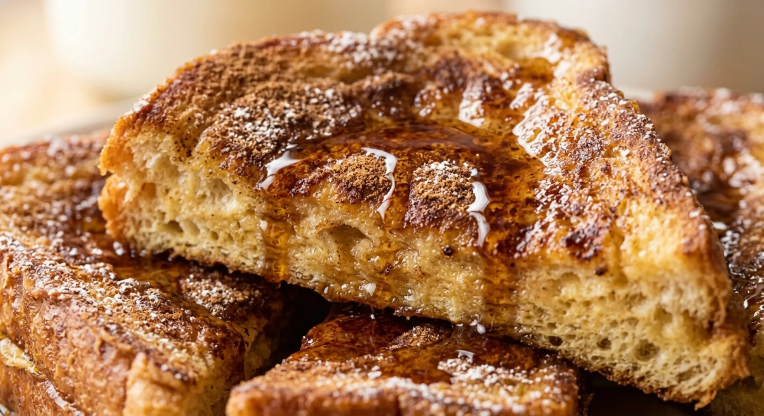 Golden cinnamon French toast topped with syrup and berries