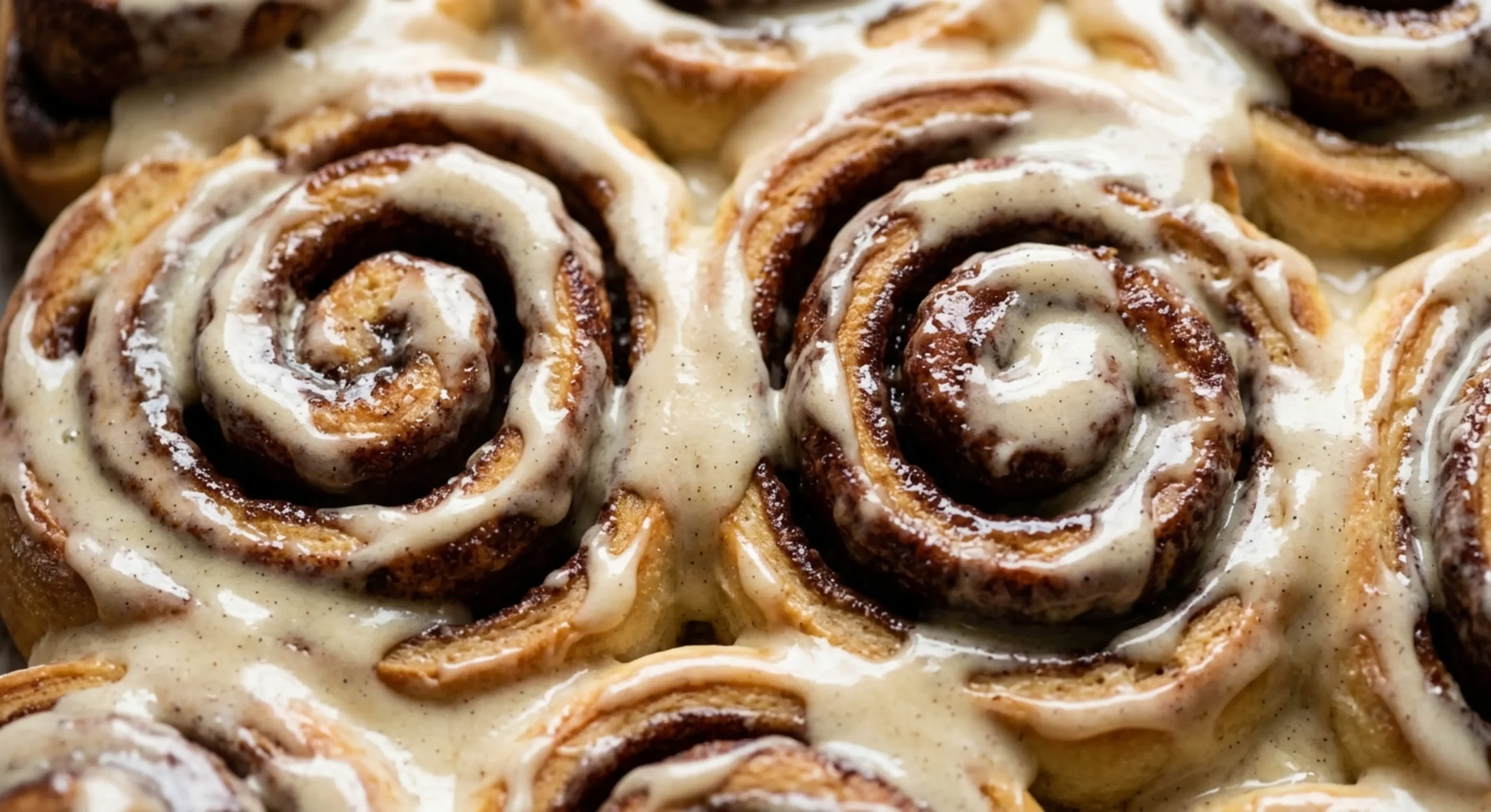 Fresh homemade cinnamon rolls with icing on top served warm