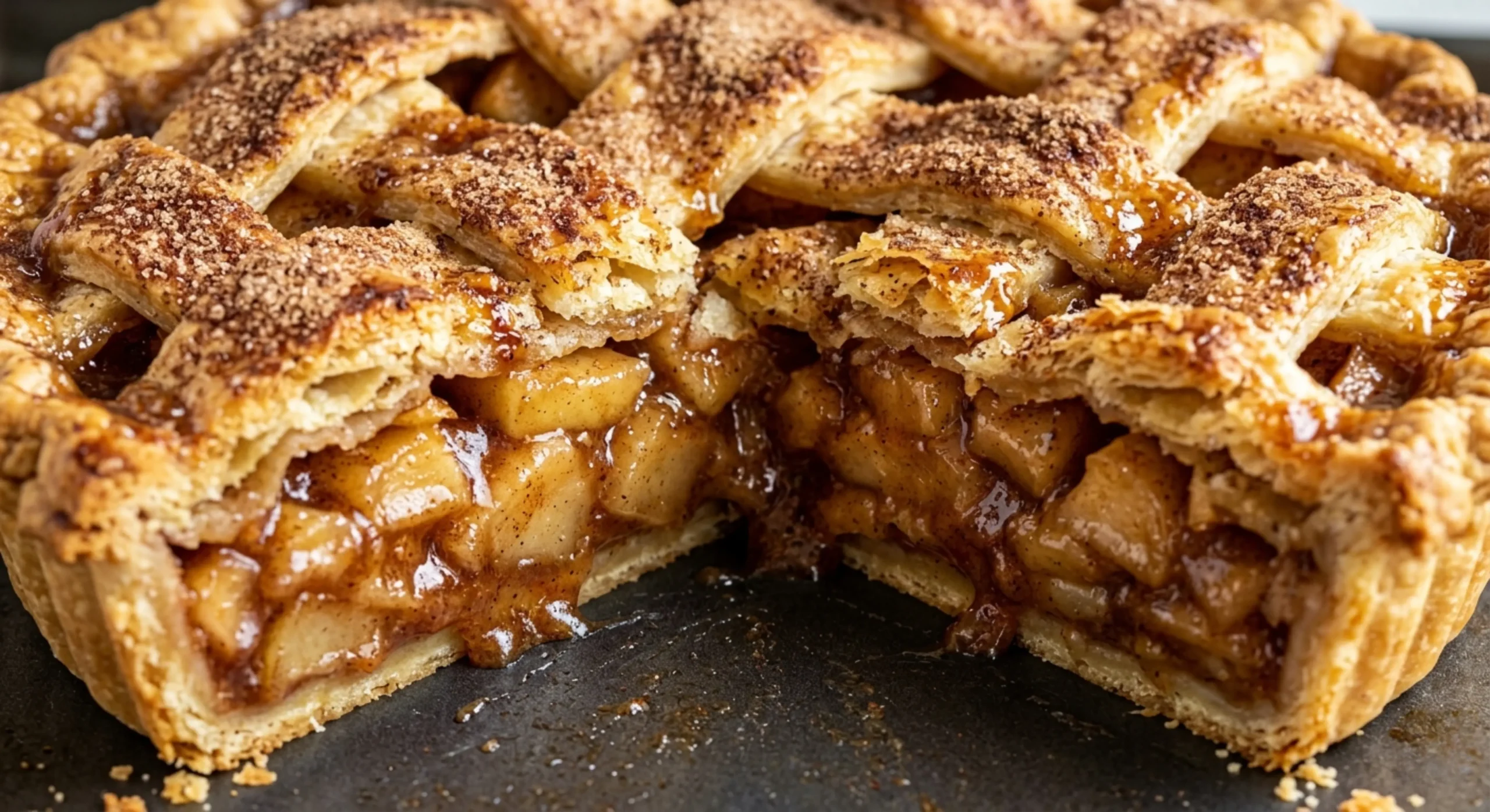 Slice of cinnamon apple pie with flaky crust and apple filling