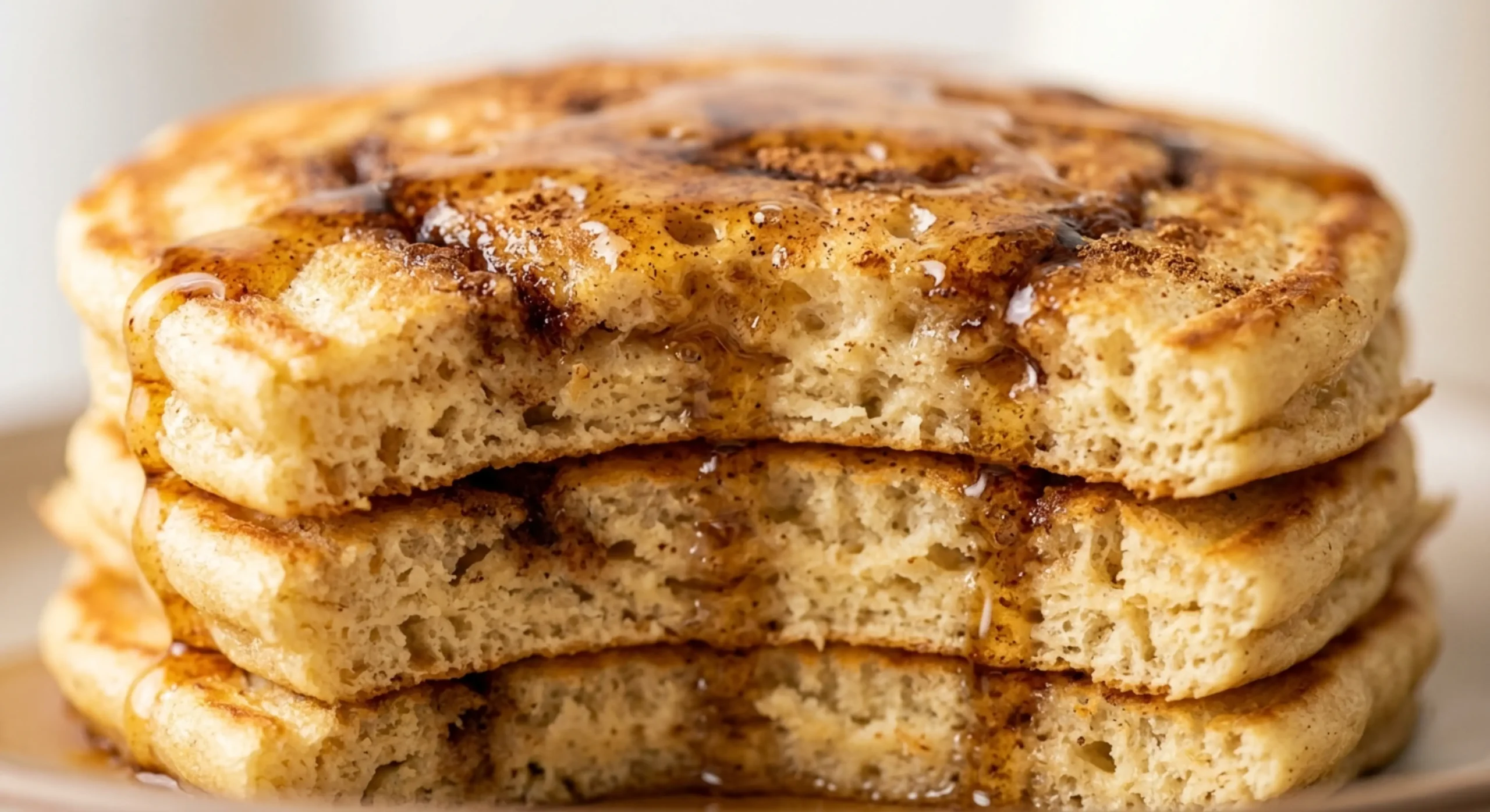 Stack of fluffy cinnamon pancakes with maple syrup