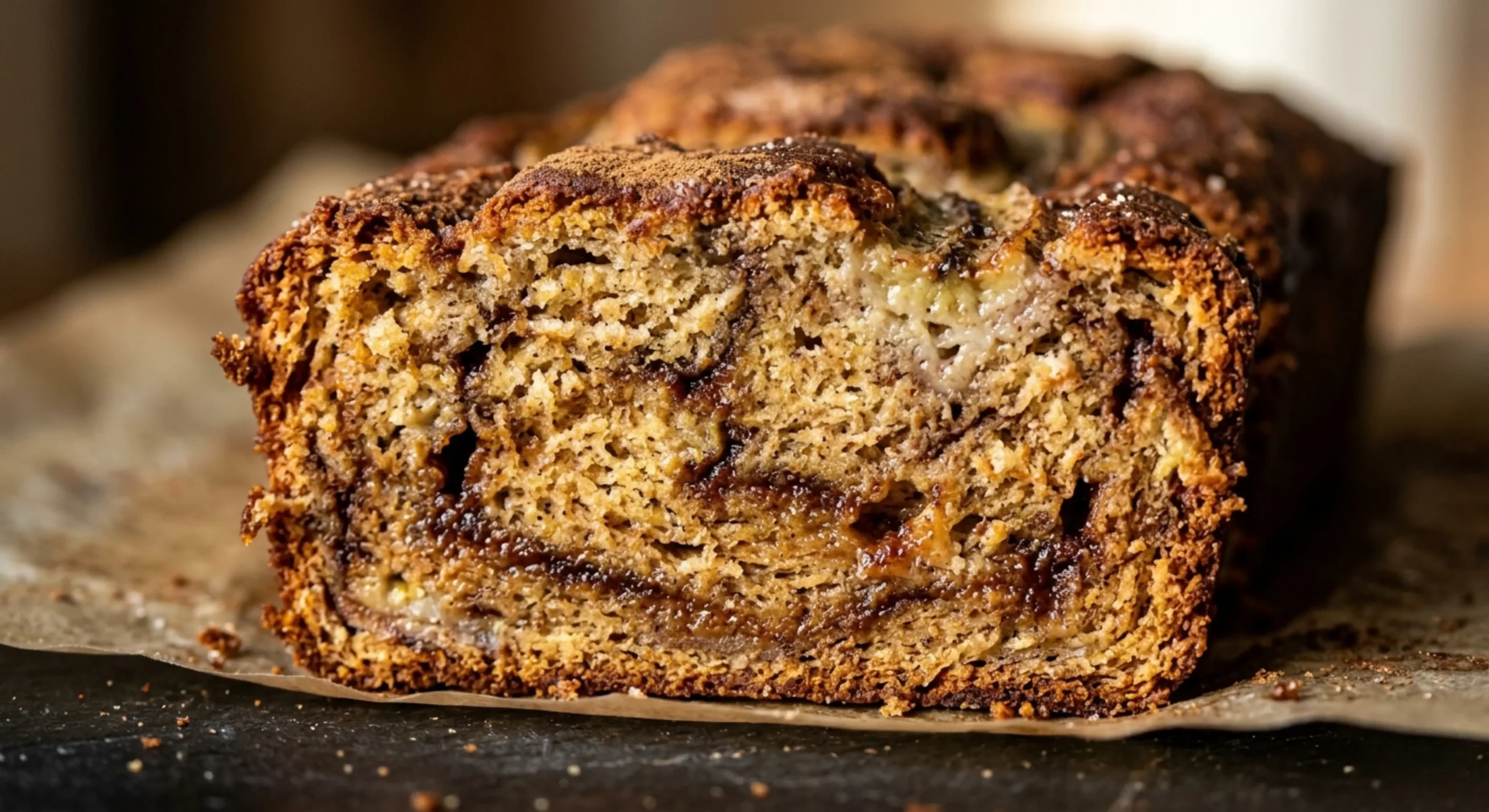 Moist cinnamon banana bread loaf sliced on wooden board
