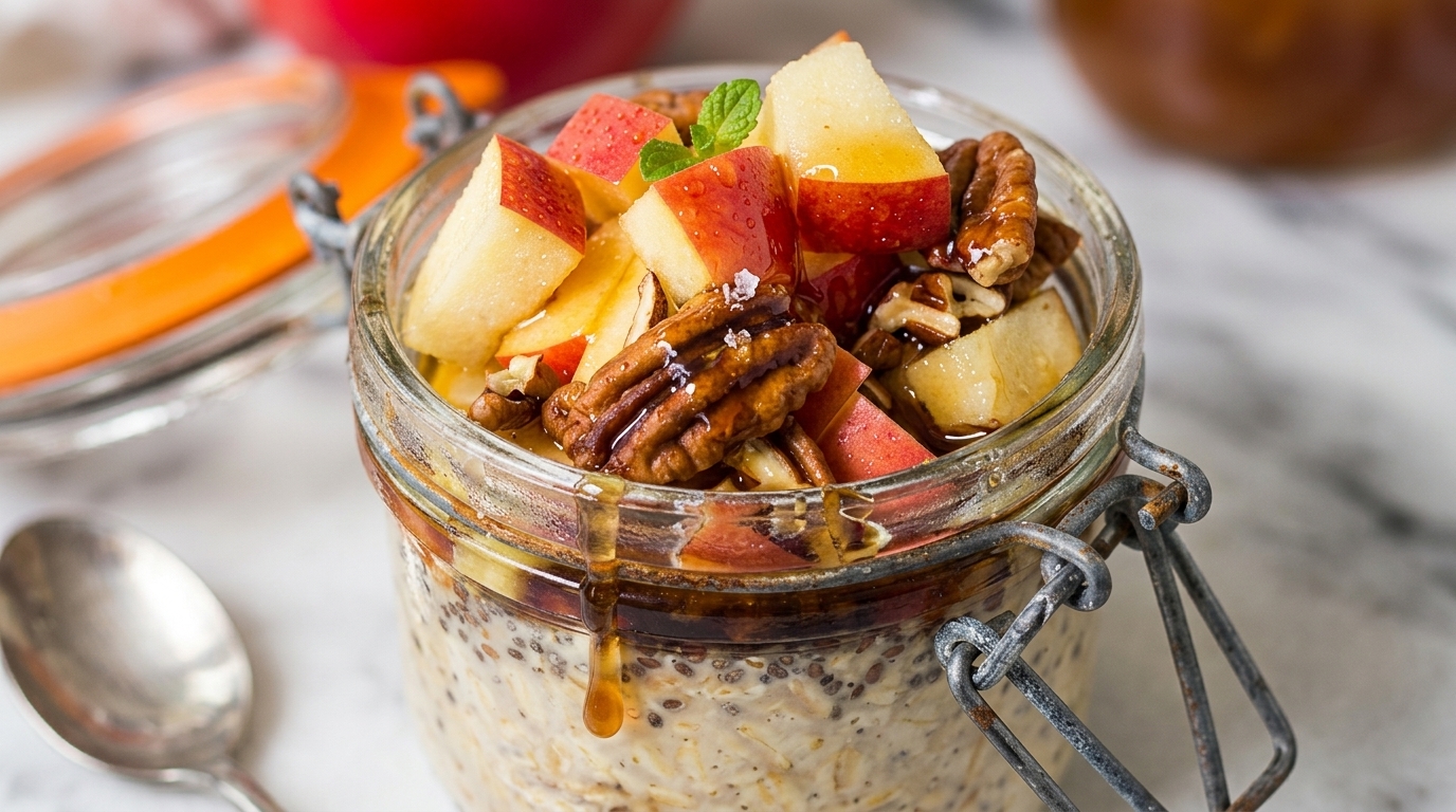 Glass jar of apple cinnamon overnight oats topped with walnuts