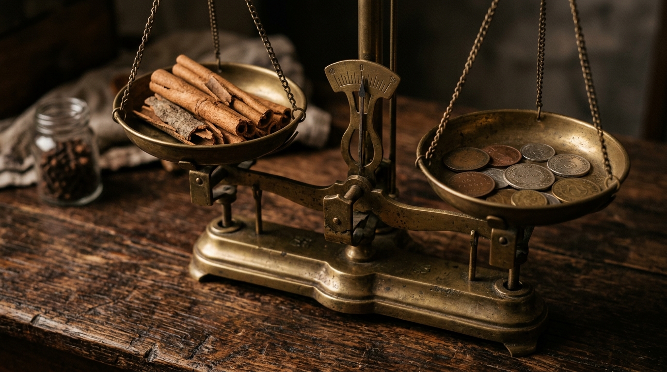 Cinnamon sticks being weighed on a small brass scale