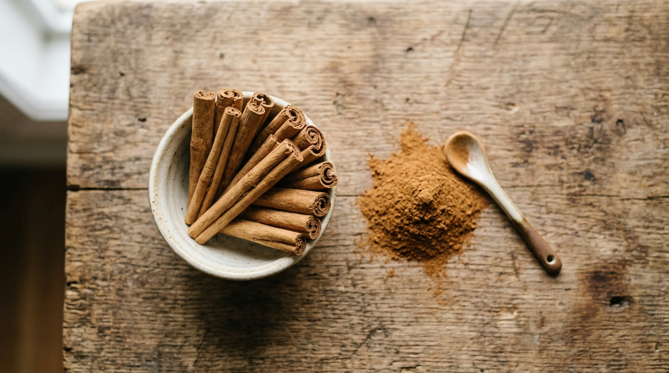 Ceylon cinnamon sticks and ground powder side by side on a wooden table