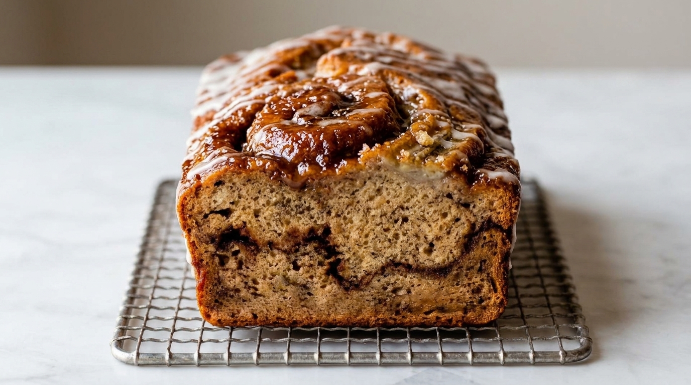 Sliced cinnamon banana bread loaf on a wooden cutting board