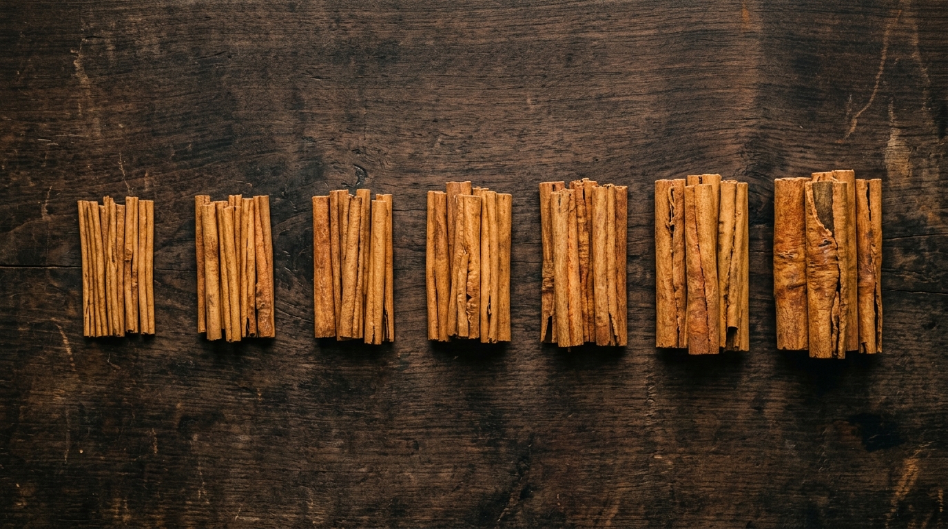 Ceylon cinnamon quills of different thicknesses arranged by grade