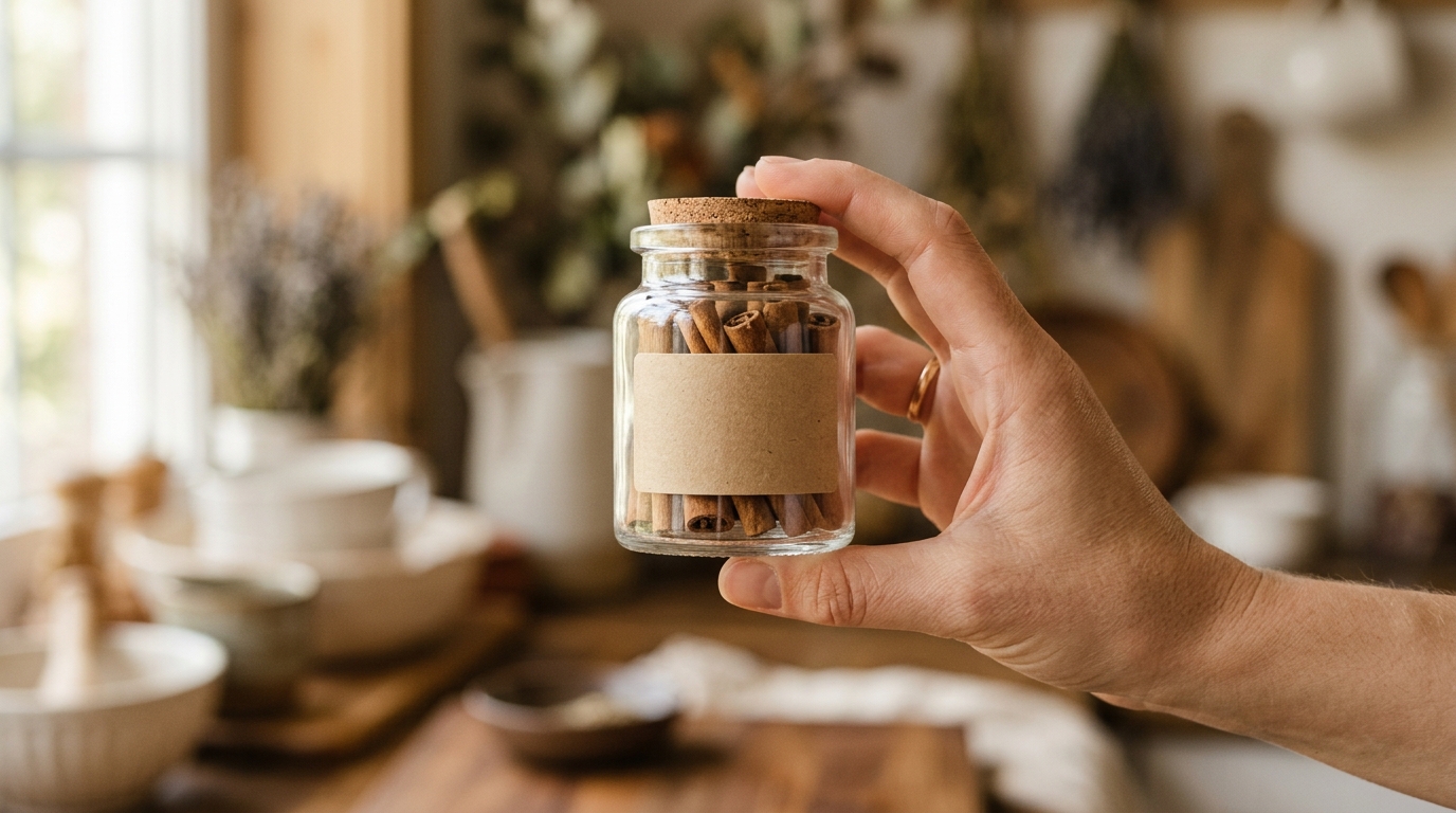 Jar of Ceylon cinnamon sticks with a blank label ready for inspection